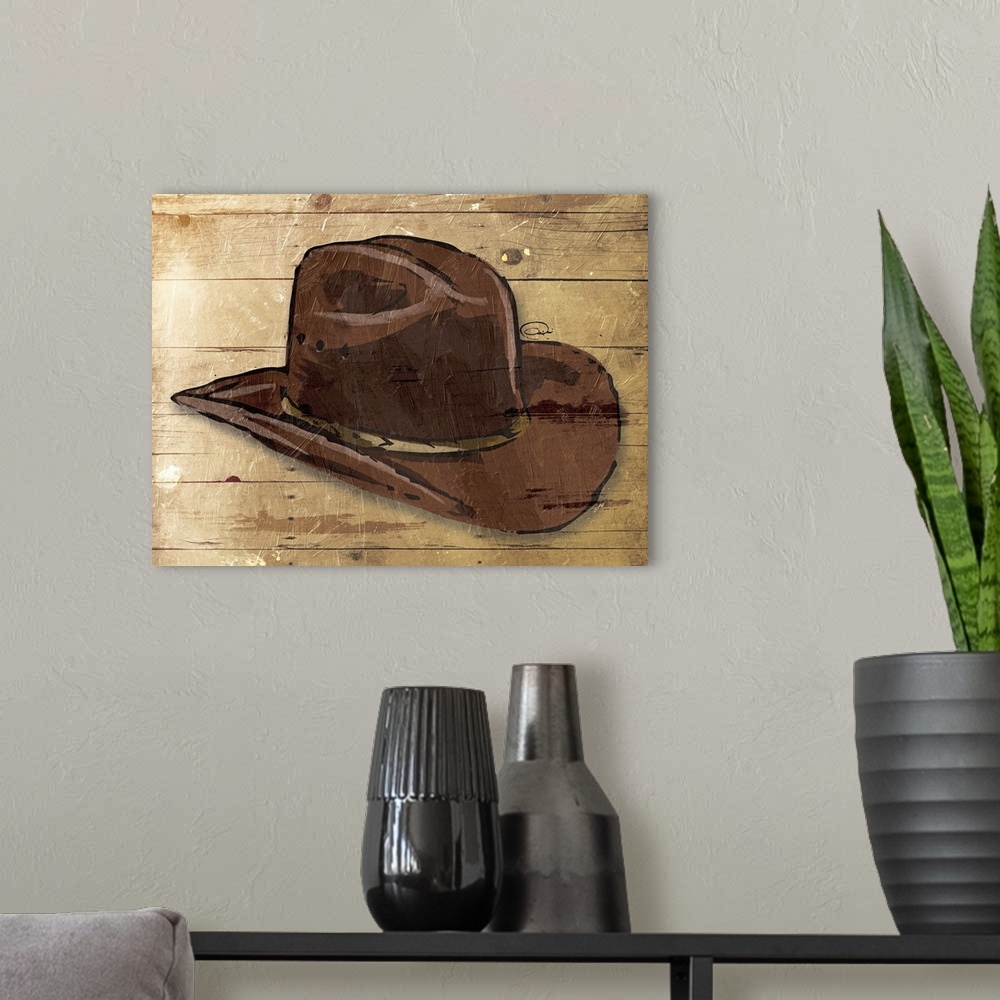 A modern room featuring A sketch of a brown cowboy hat on a rustic wood paneled background.