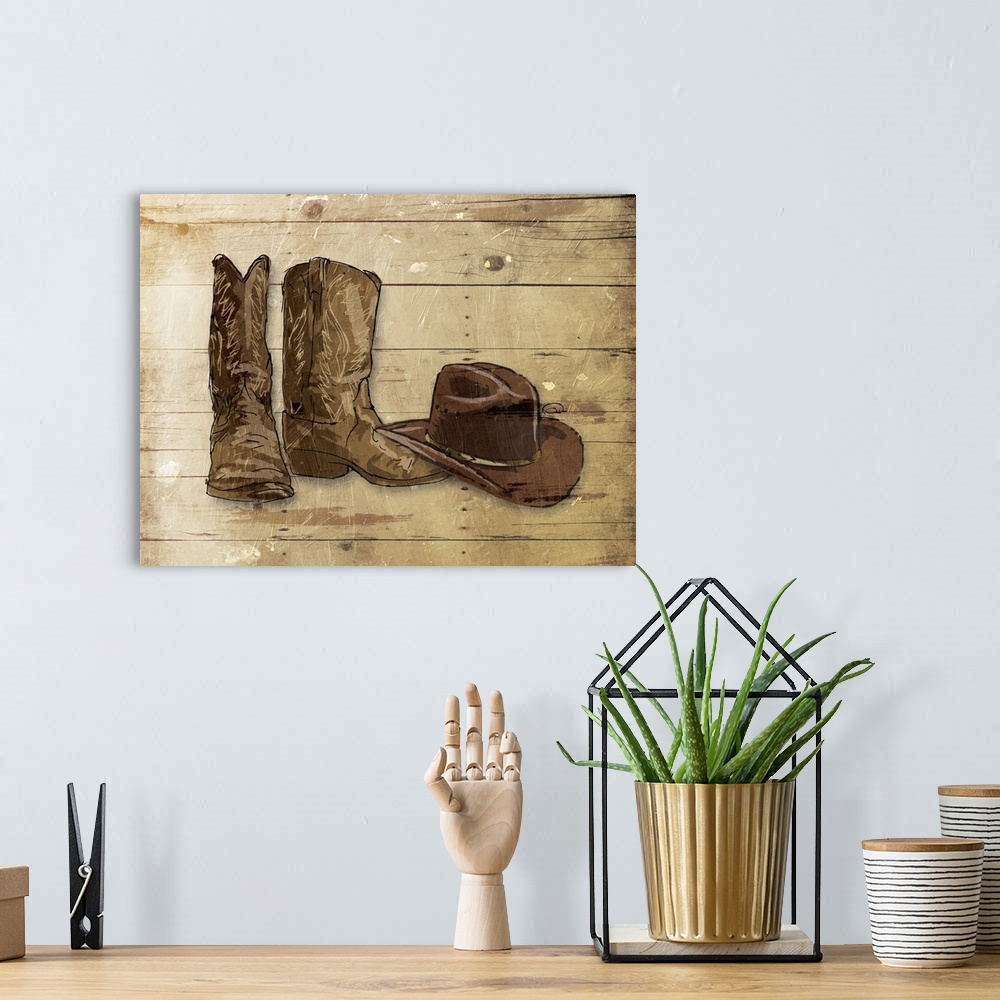 A bohemian room featuring A sketch of brown cowboy boots and a hat on a rustic wood paneled background.