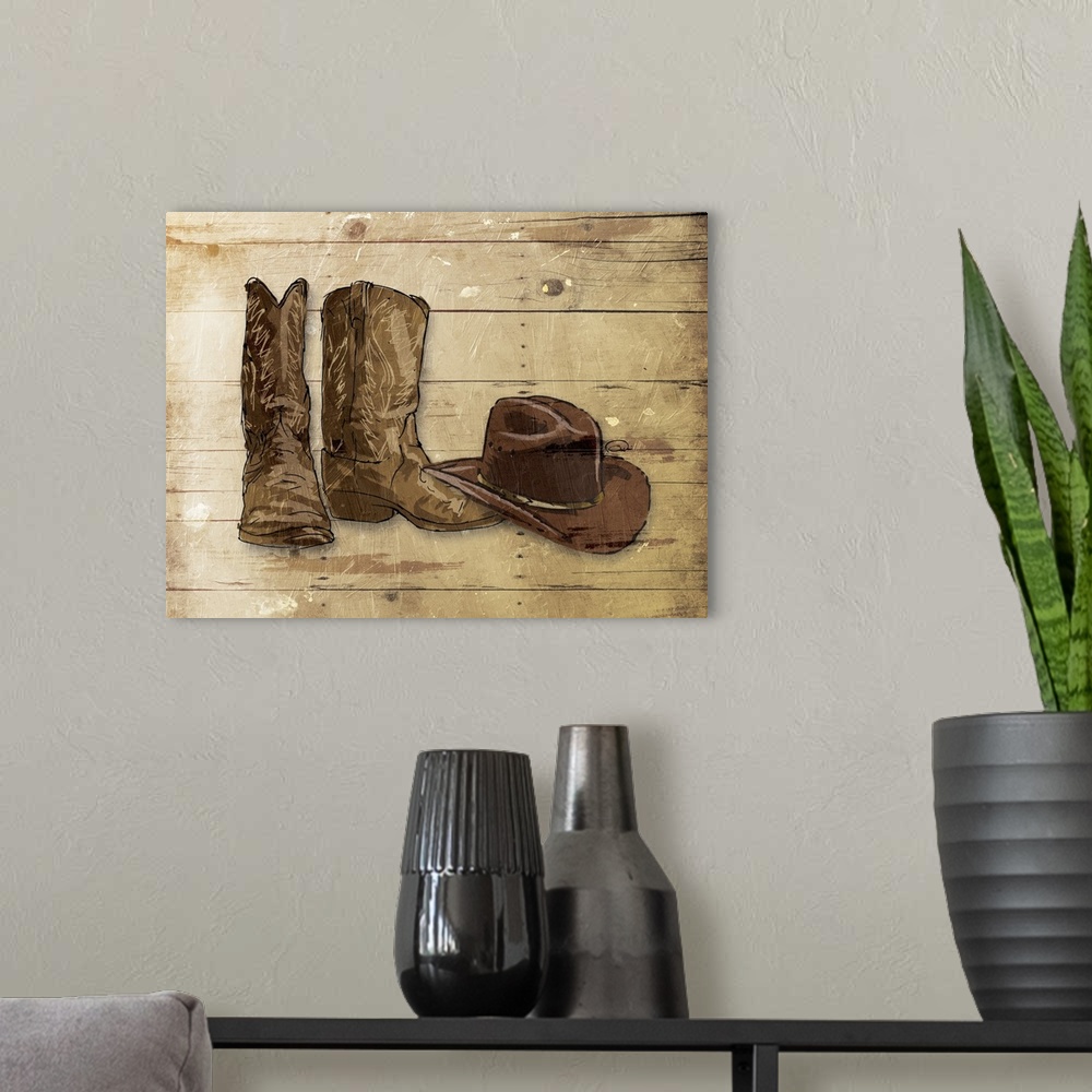 A modern room featuring A sketch of brown cowboy boots and a hat on a rustic wood paneled background.