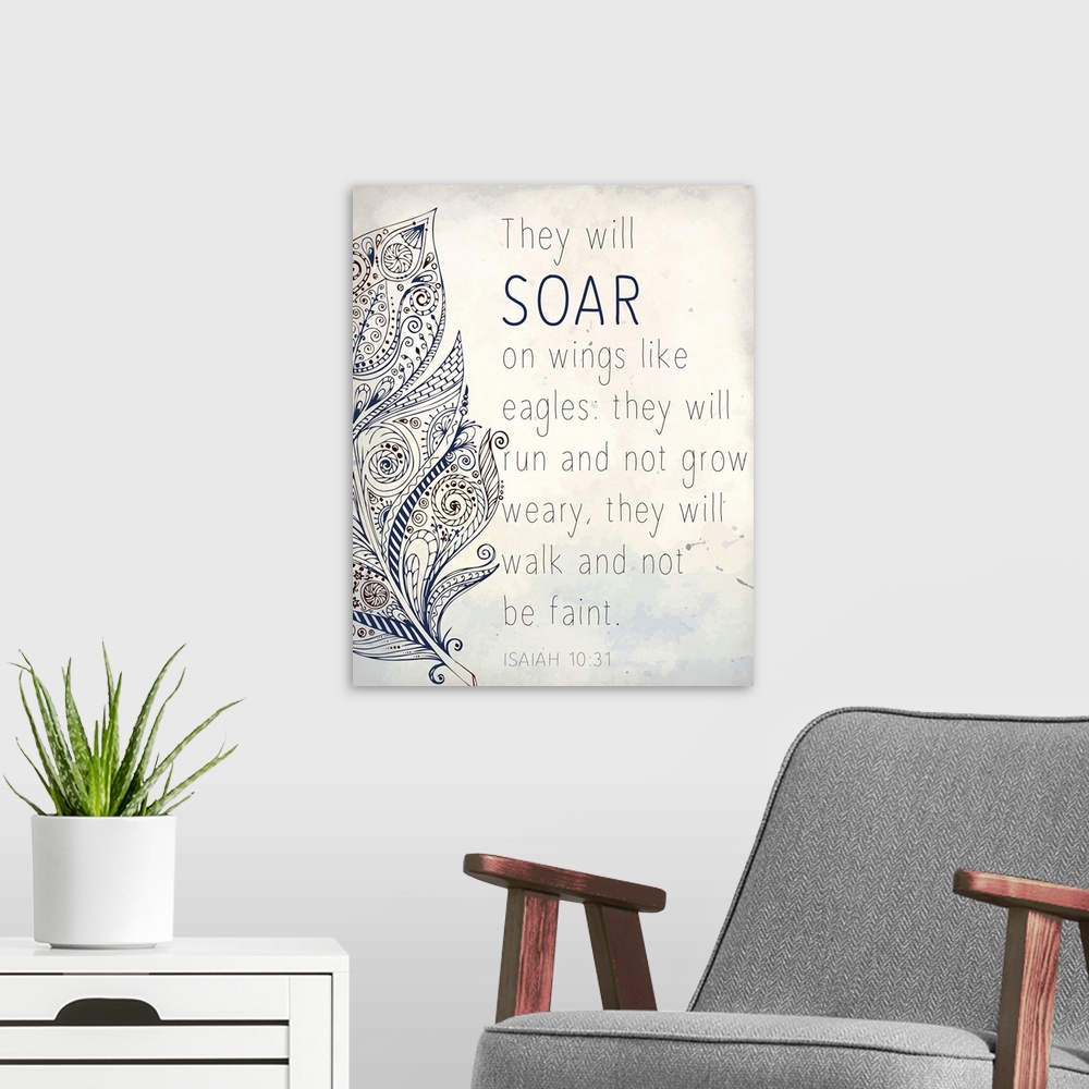 A modern room featuring Typography artwork of the Bible verse Isaiah 1:31 with a patterned feather design.