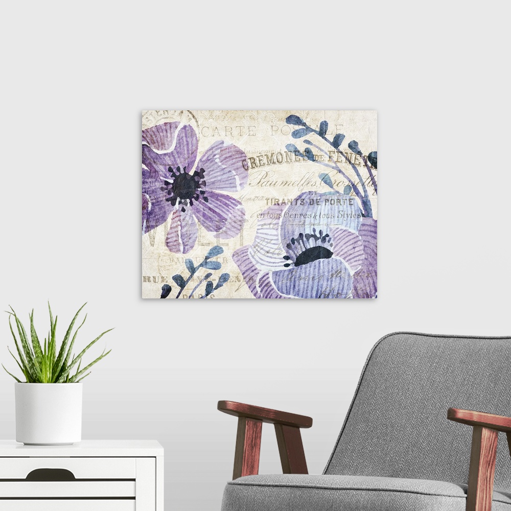 A modern room featuring Purple and indigo illustrated flowers on a sepia toned background with an overlay of French text ...