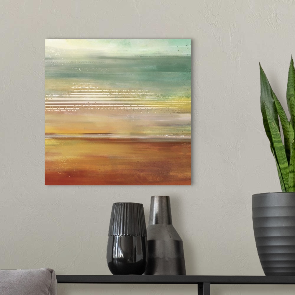 A modern room featuring Abstract contemporary painting with warm and cool tones moving across the image.