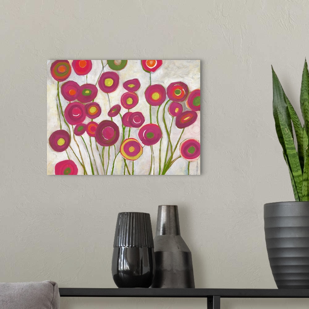 A modern room featuring Contemporary abstract painting resembling red flowers.