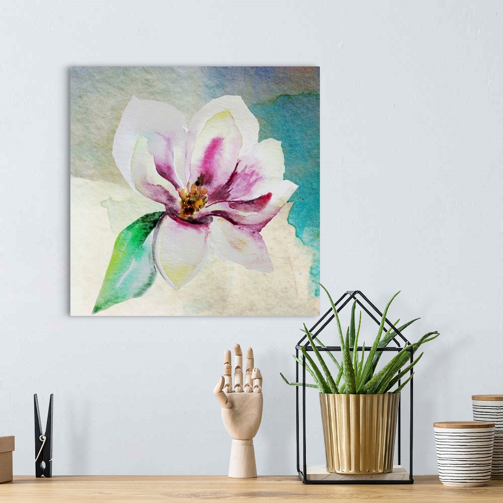 A bohemian room featuring Square watercolor painting of a single magnolia flower in shades of pink, yellow, white, and gree...