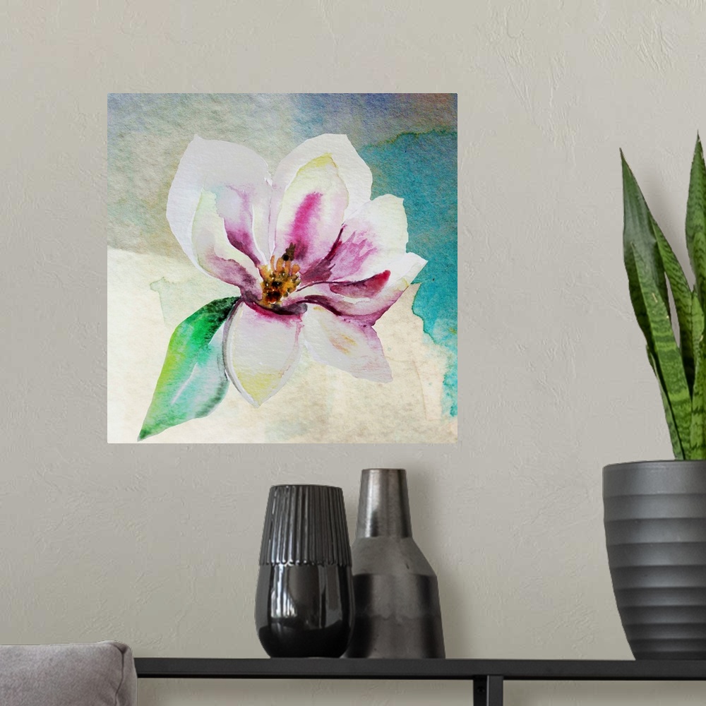 A modern room featuring Square watercolor painting of a single magnolia flower in shades of pink, yellow, white, and gree...