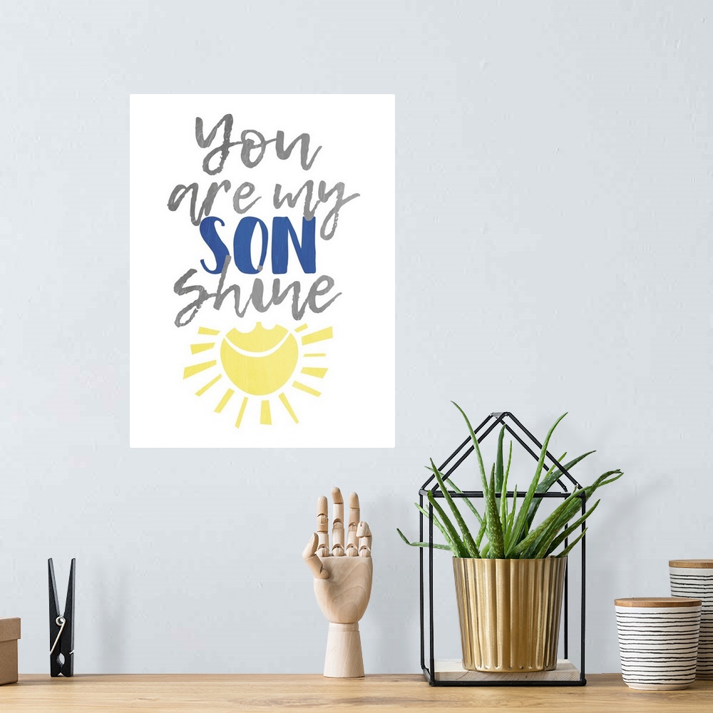 A bohemian room featuring Children's typography artwork with a sunshine design, for a boy's room.