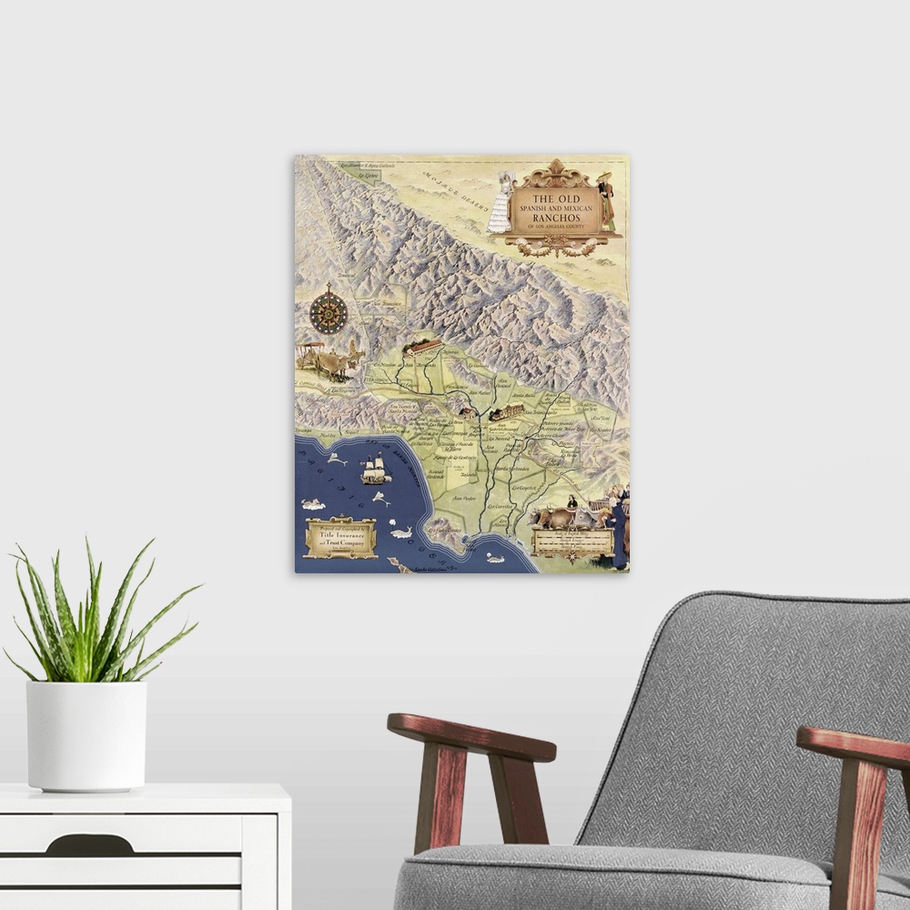 A modern room featuring Spanish Ranchos map