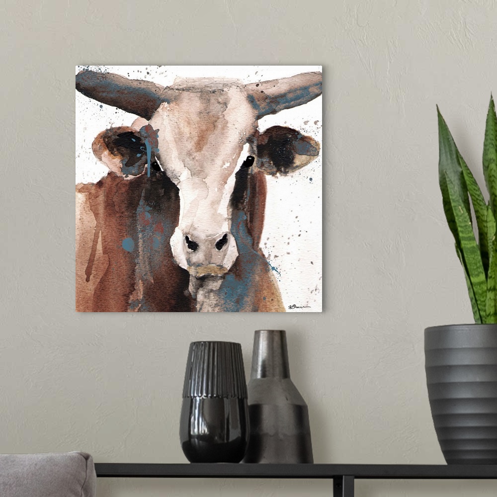 A modern room featuring Contemporary painting of a bull against a white background with teal paint splatter in the foregr...