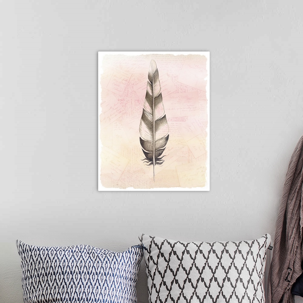 A bohemian room featuring A watercolor of a feather painted on a collage of handwritten postcards with warm tones.