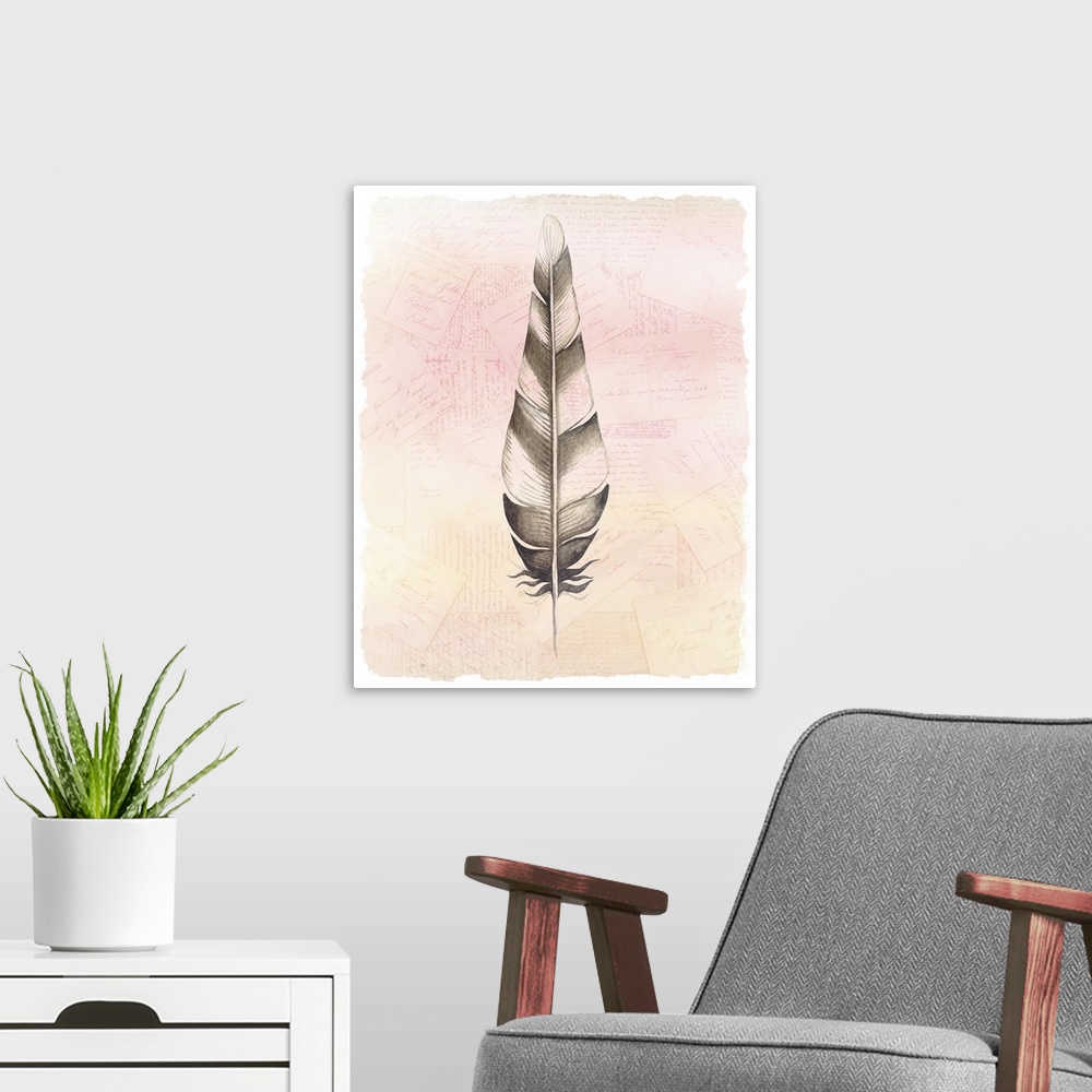 A modern room featuring A watercolor of a feather painted on a collage of handwritten postcards with warm tones.
