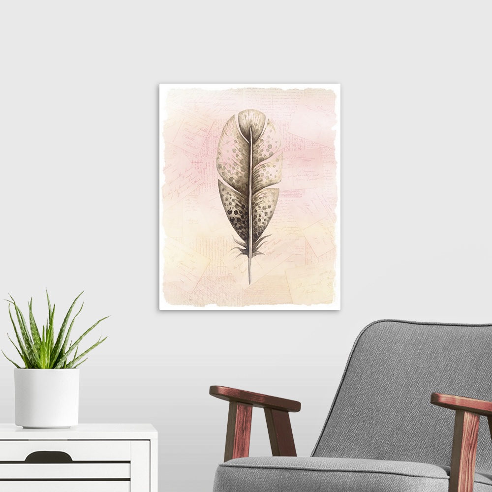 A modern room featuring A watercolor of a feather painted on a collage of handwritten postcards with warm tones.