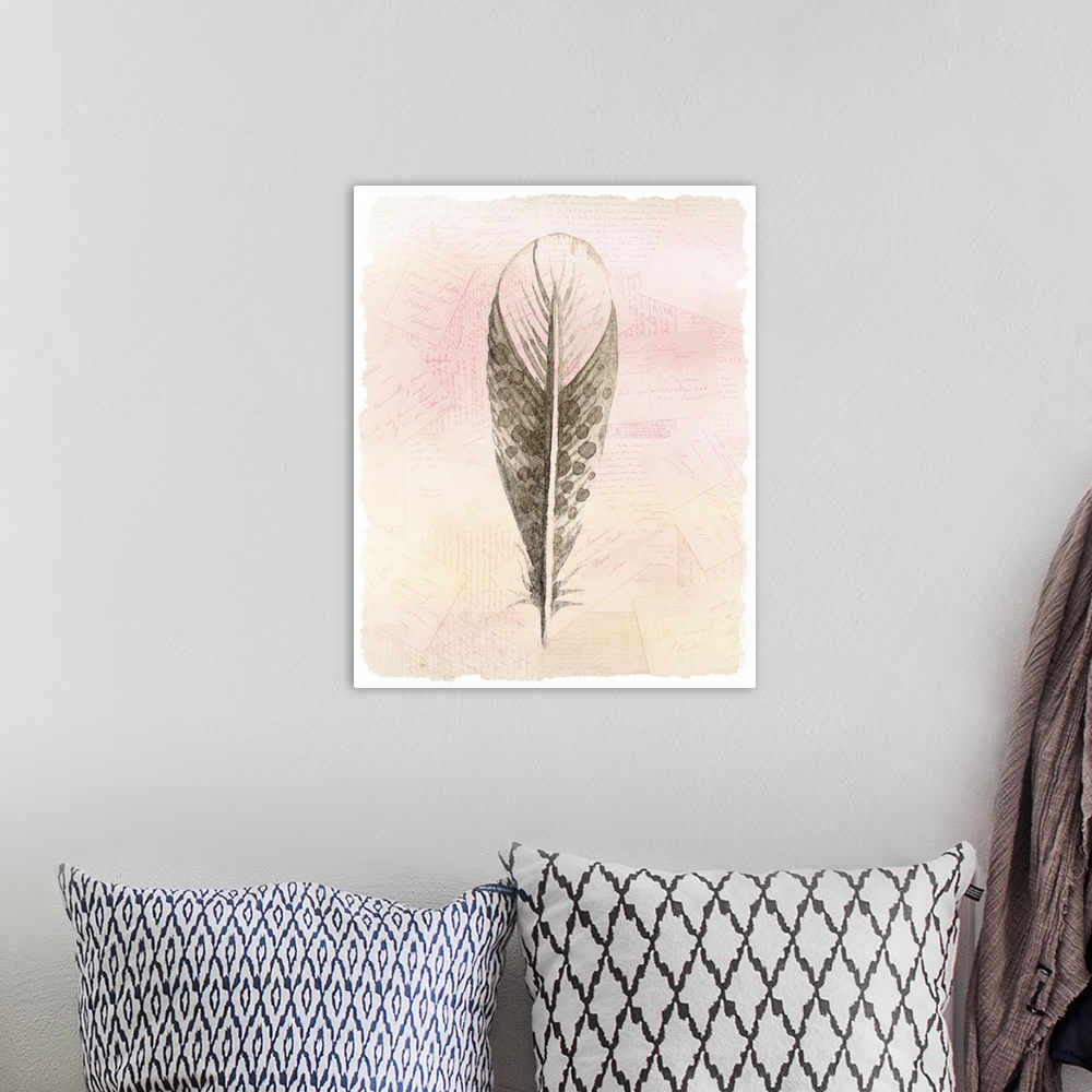 A bohemian room featuring A watercolor of a feather painted on a pile of handwritten postcards with warm tones.