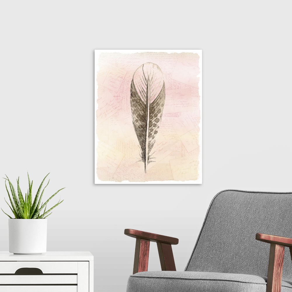 A modern room featuring A watercolor of a feather painted on a pile of handwritten postcards with warm tones.