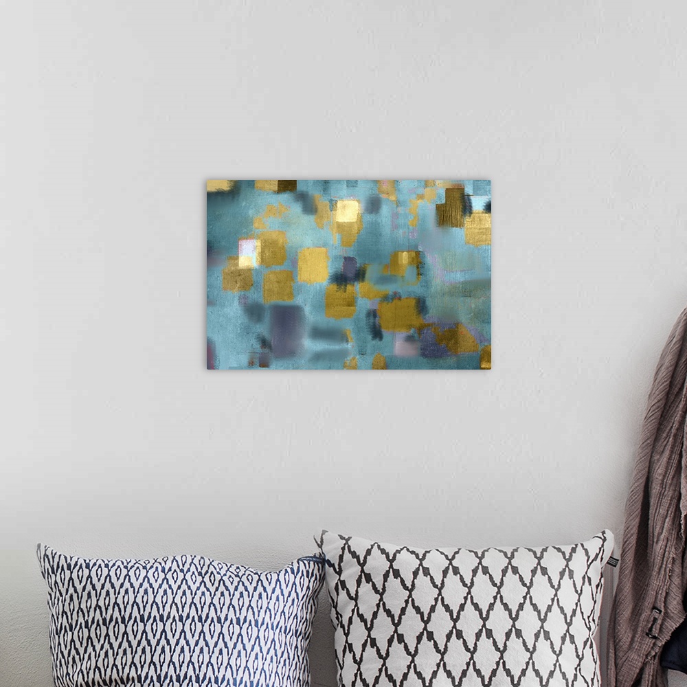 A bohemian room featuring Abstract contemporary painting in aqua blue with golden squares.