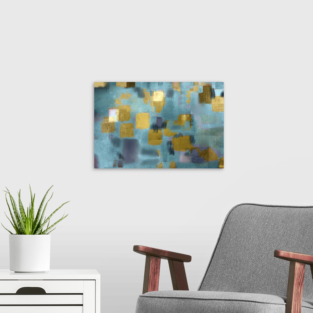 A modern room featuring Abstract contemporary painting in aqua blue with golden squares.