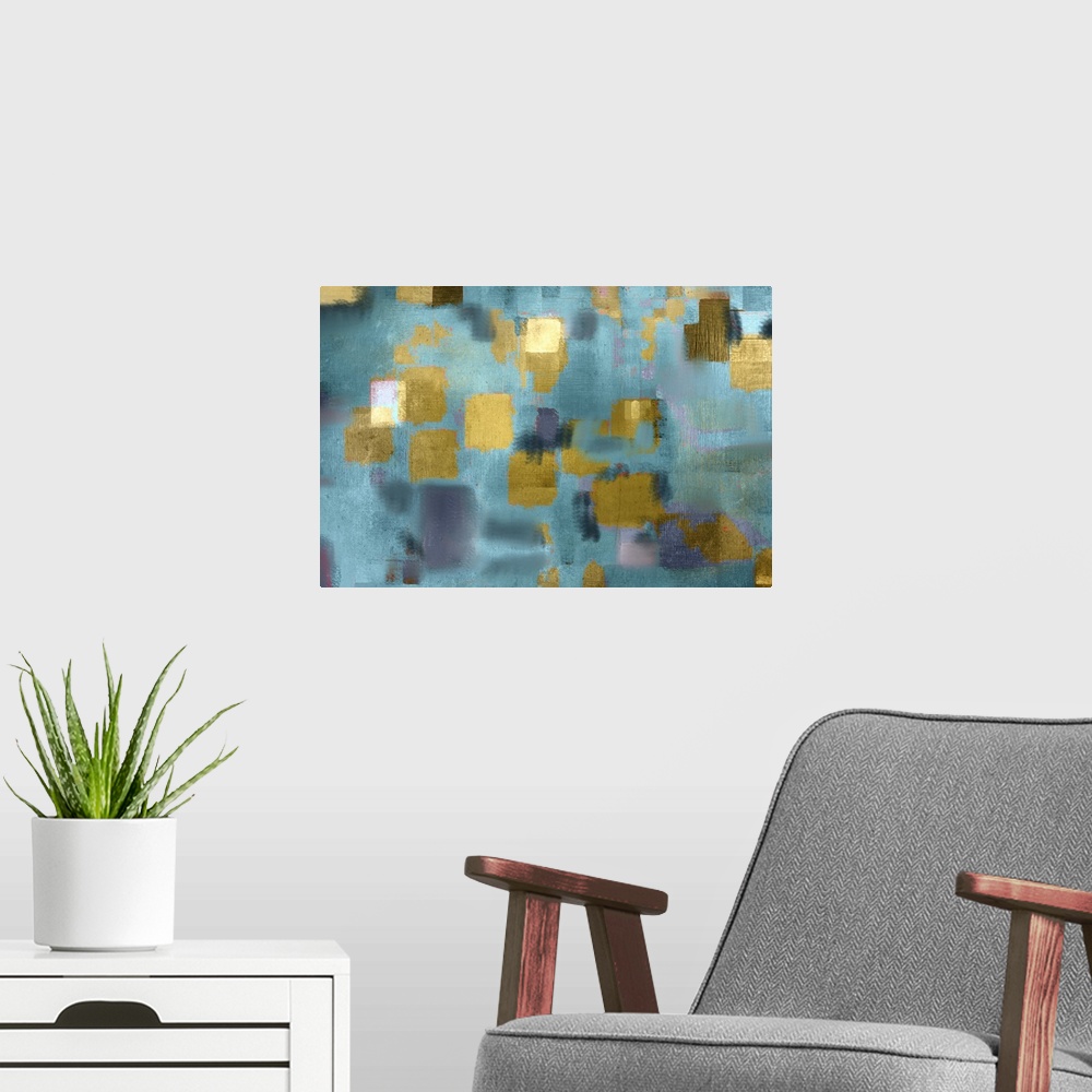 A modern room featuring Abstract contemporary painting in aqua blue with golden squares.