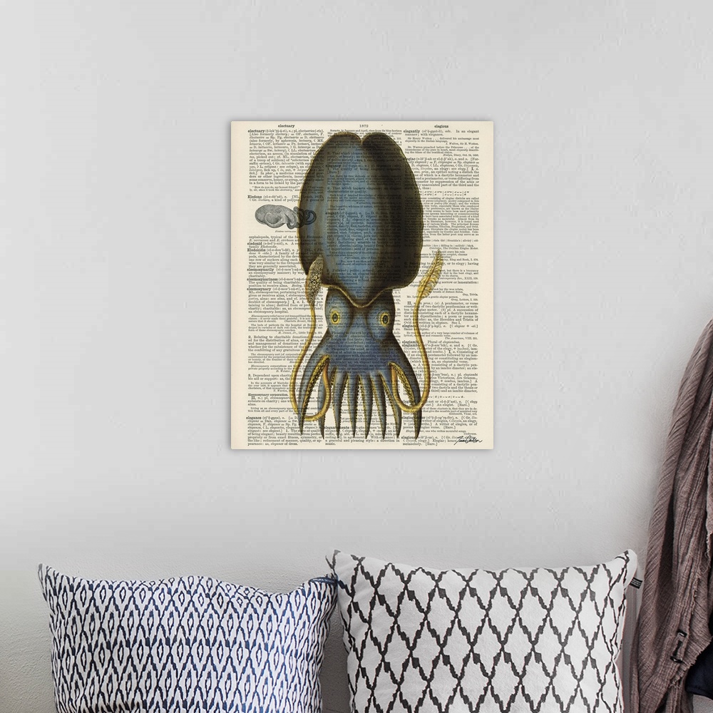 A bohemian room featuring Contemporary artistic use of a page from a dictionary with a scientific illustration of a squid o...