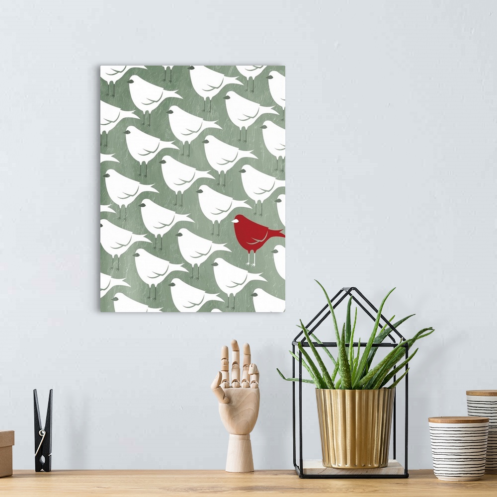 A bohemian room featuring A pattern of white birds on a sea foam green background with one red bird in the bottom right cor...