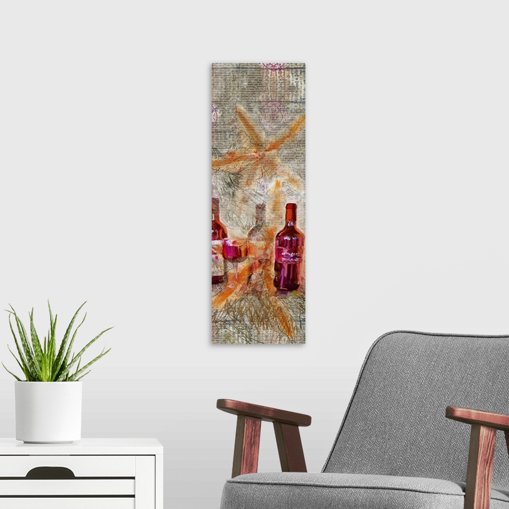 A modern room featuring Contemporary painting of red wine bottles with big, orange starfish painted over them on top of a...