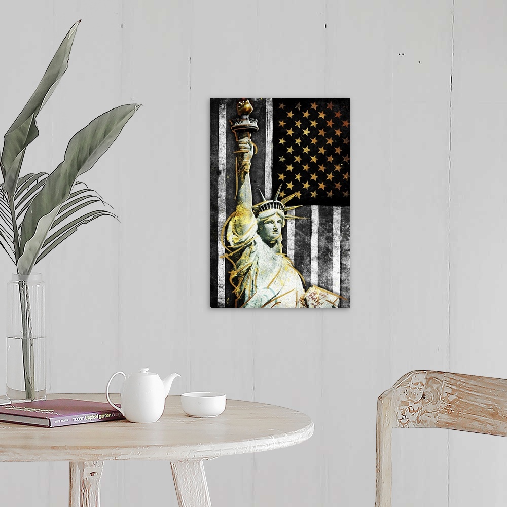 A farmhouse room featuring The Statue of Liberty in front of a black, white, and gold American Flag.