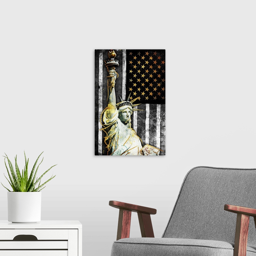 A modern room featuring The Statue of Liberty in front of a black, white, and gold American Flag.