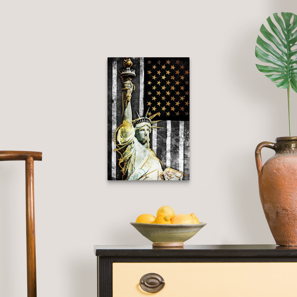 A traditional room featuring The Statue of Liberty in front of a black, white, and gold American Flag.