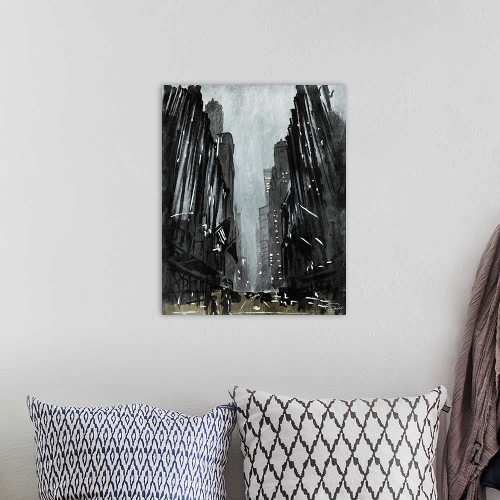 A bohemian room featuring A dark contemporary abstract painting of a city street view on an overcast day.