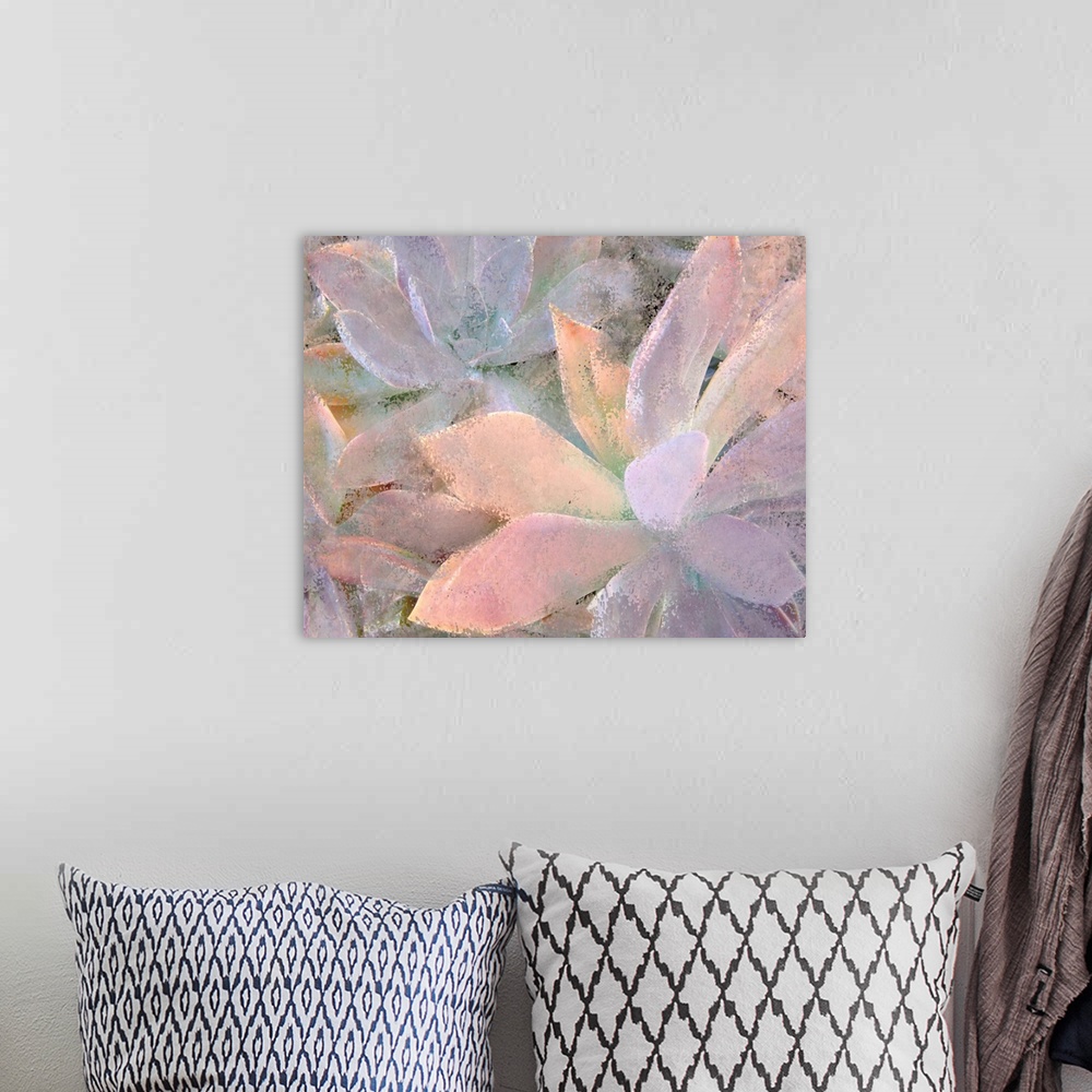 A bohemian room featuring Contemporary painting of muted pale toned succulents.