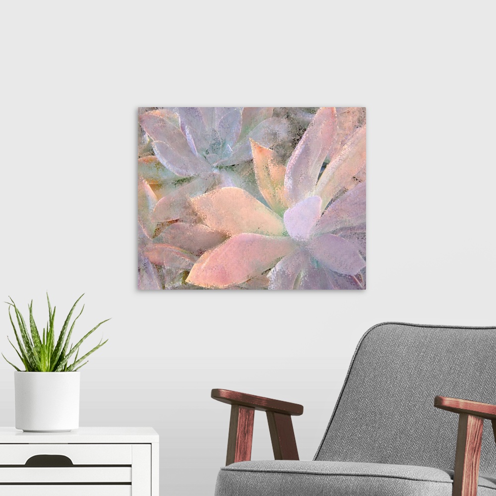 A modern room featuring Contemporary painting of muted pale toned succulents.