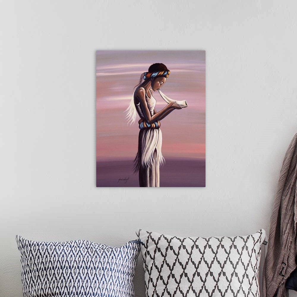 A bohemian room featuring Contemporary African painting of a woman blowing on a horn at dusk.