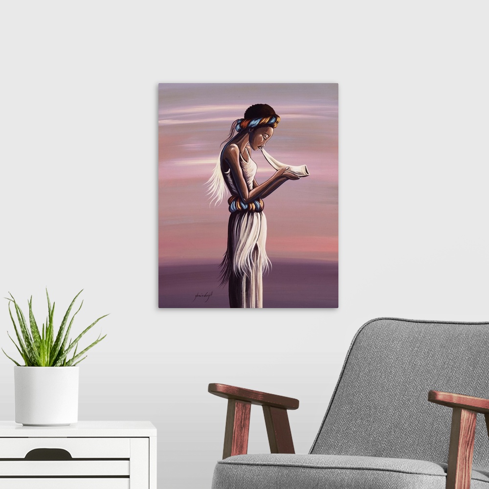 A modern room featuring Contemporary African painting of a woman blowing on a horn at dusk.