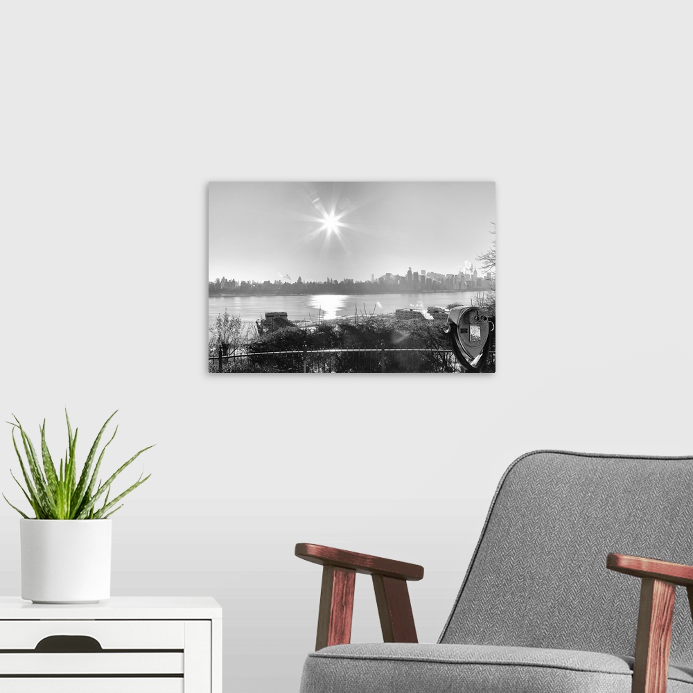 A modern room featuring Black and white photograph of the New York City skyline.
