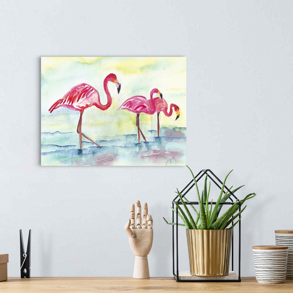 A bohemian room featuring Watercolor artwork of flamingos wading in shallow water.