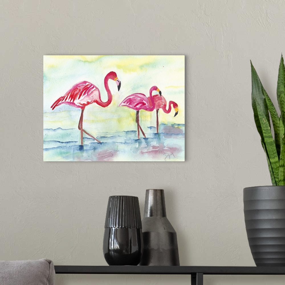 A modern room featuring Watercolor artwork of flamingos wading in shallow water.