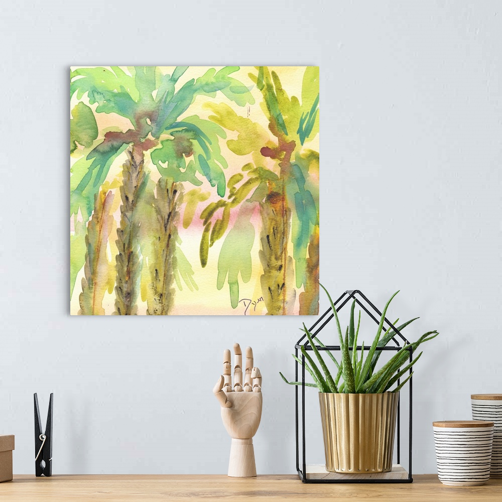 A bohemian room featuring Watercolor artwork of a grove of palm trees in pastel tropical shades.