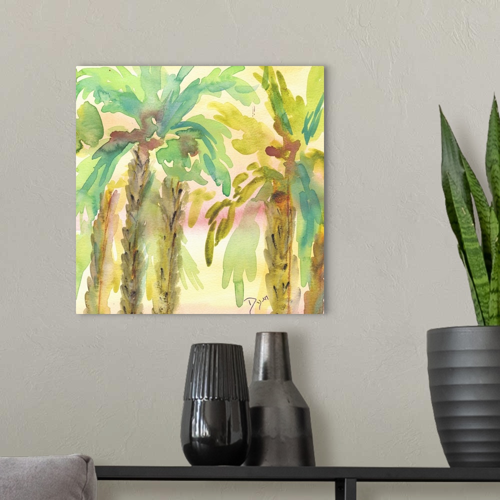 A modern room featuring Watercolor artwork of a grove of palm trees in pastel tropical shades.