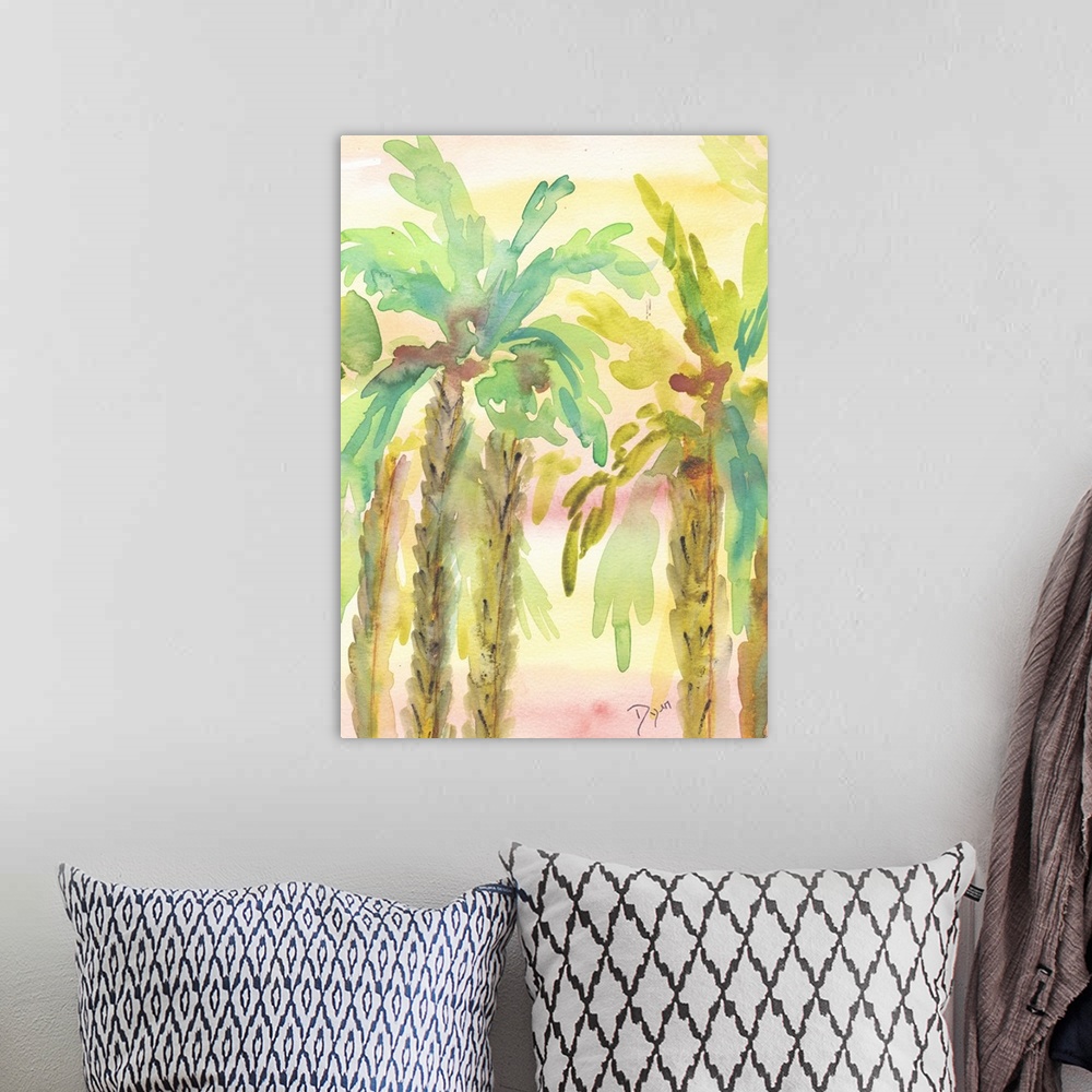 A bohemian room featuring Watercolor artwork of a grove of palm trees in pastel tropical shades.