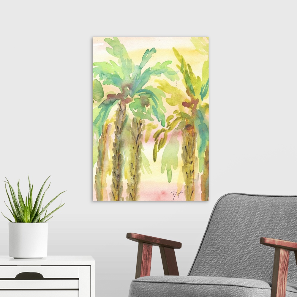 A modern room featuring Watercolor artwork of a grove of palm trees in pastel tropical shades.