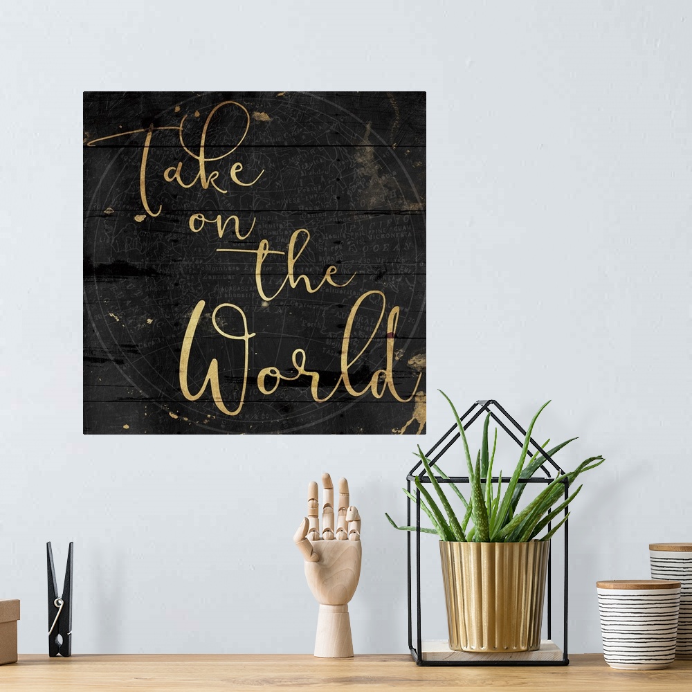 A bohemian room featuring Motivational message in gold script over a black weathered background.