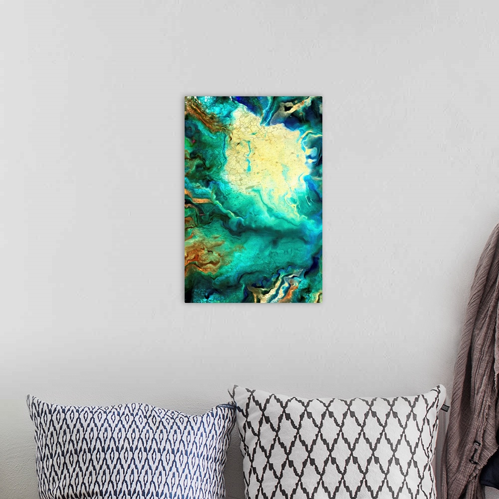 A bohemian room featuring Contemporary abstract painting using dark teal tones with bright pale yellow tones.