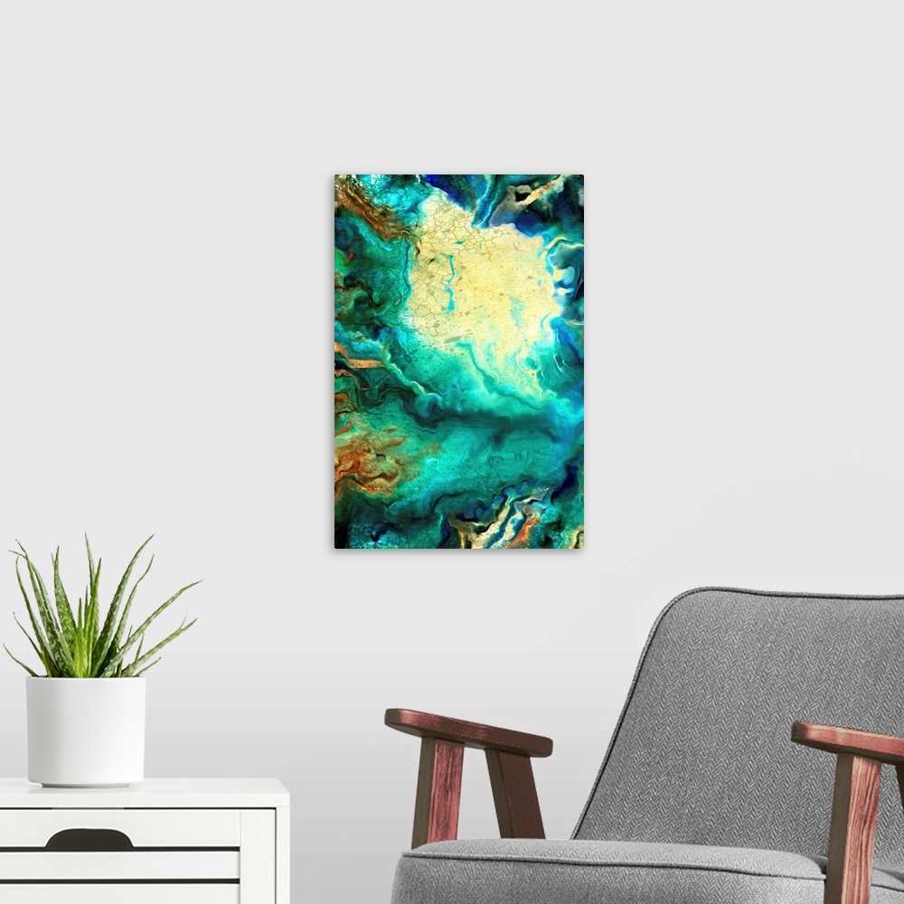 A modern room featuring Contemporary abstract painting using dark teal tones with bright pale yellow tones.