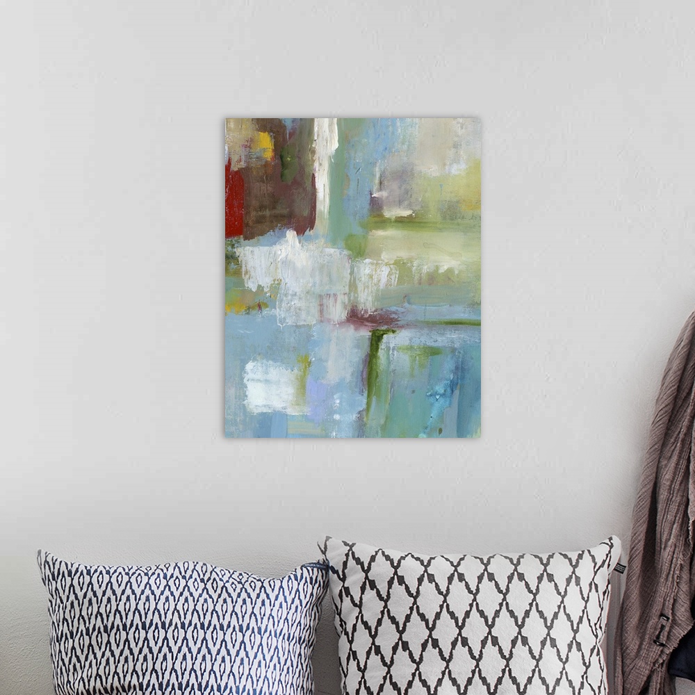 A bohemian room featuring Abstract painting using vibrant colors and harsh strokes.