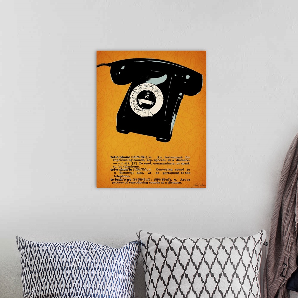 A bohemian room featuring Retro-style illustration of a rotary telephone with the dictionary definition below the image.