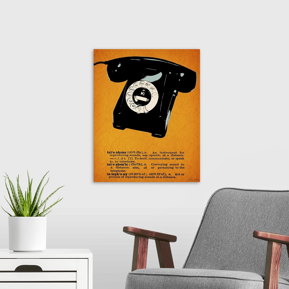 A modern room featuring Retro-style illustration of a rotary telephone with the dictionary definition below the image.