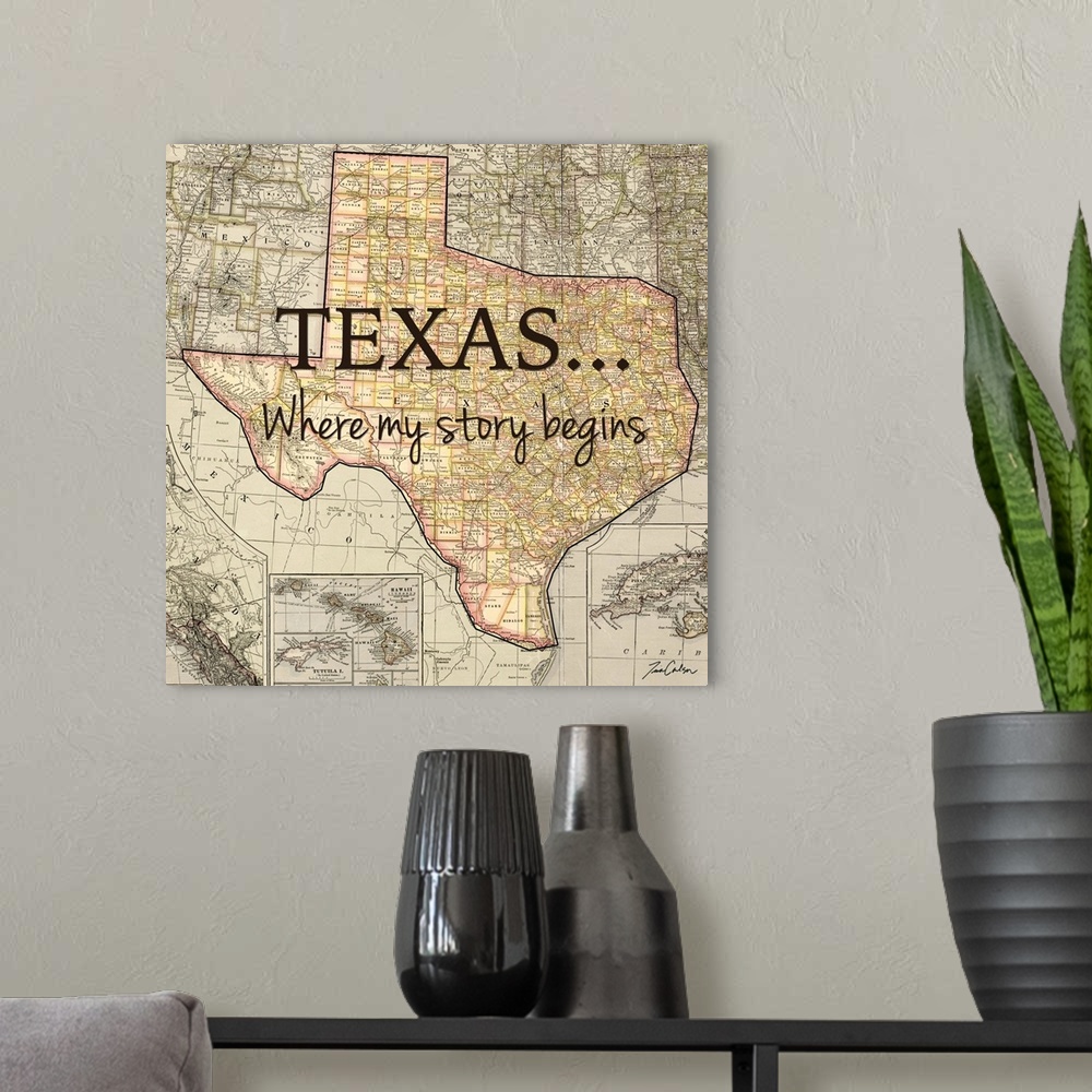 A modern room featuring Black text over a map of the state of Texas.