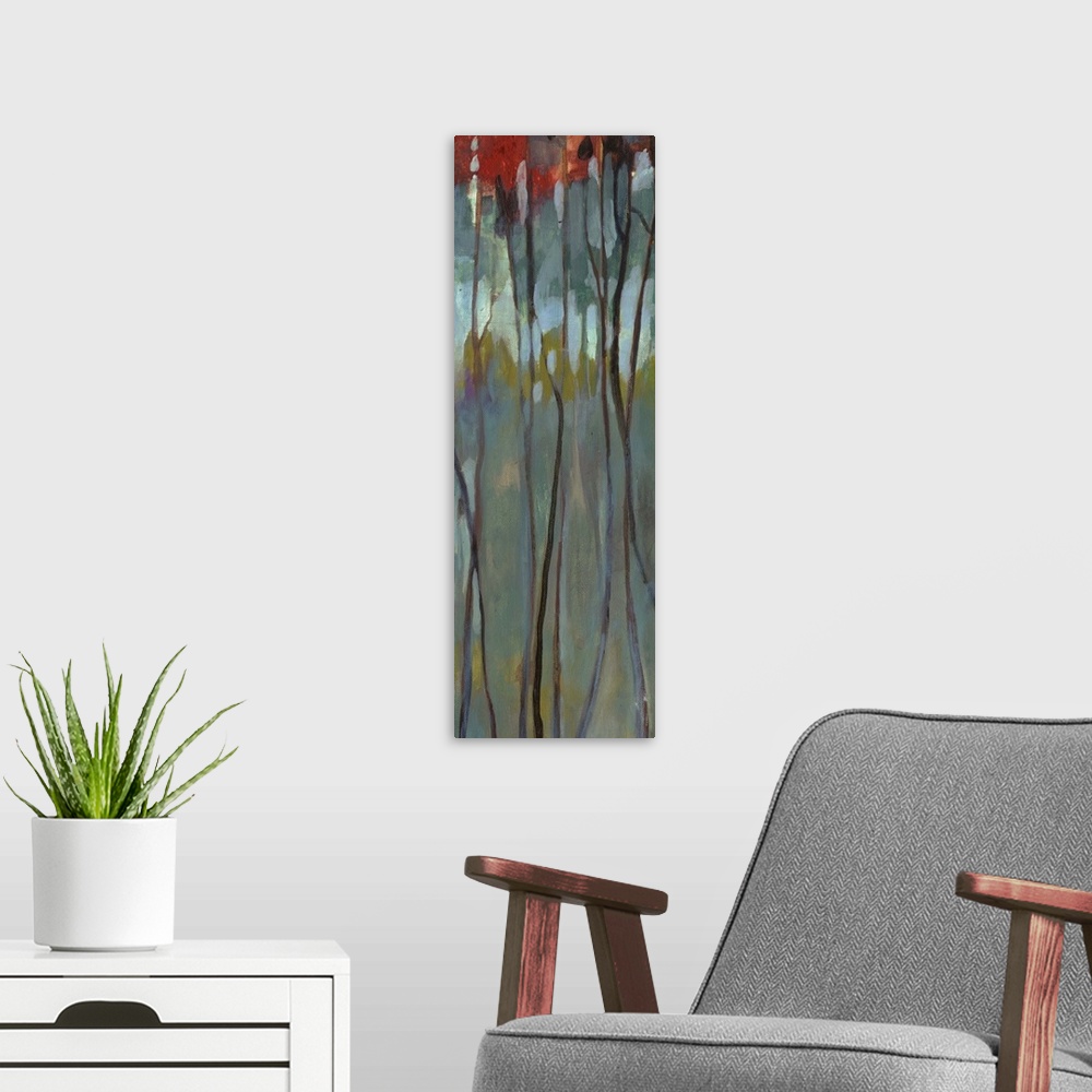A modern room featuring Contemporary painting of thin birch trees with bright leaves in a dark forest.