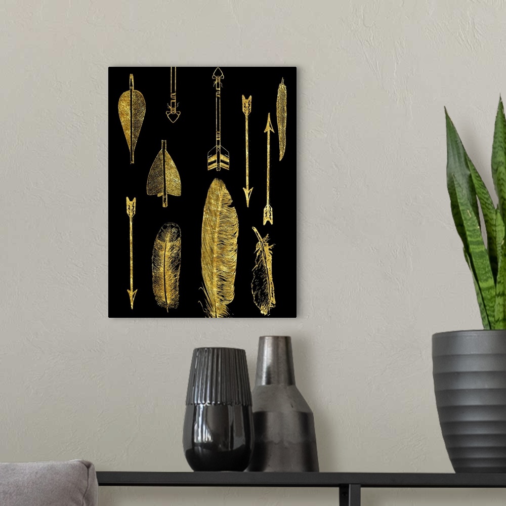 A modern room featuring An assortment of feathers and arrows in gold on black.