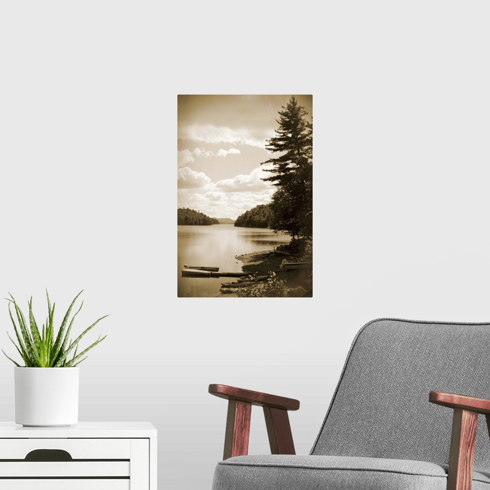 A modern room featuring Sepia toned photograph of a boat dock floating gently in a lake, with a boat docked beside it.