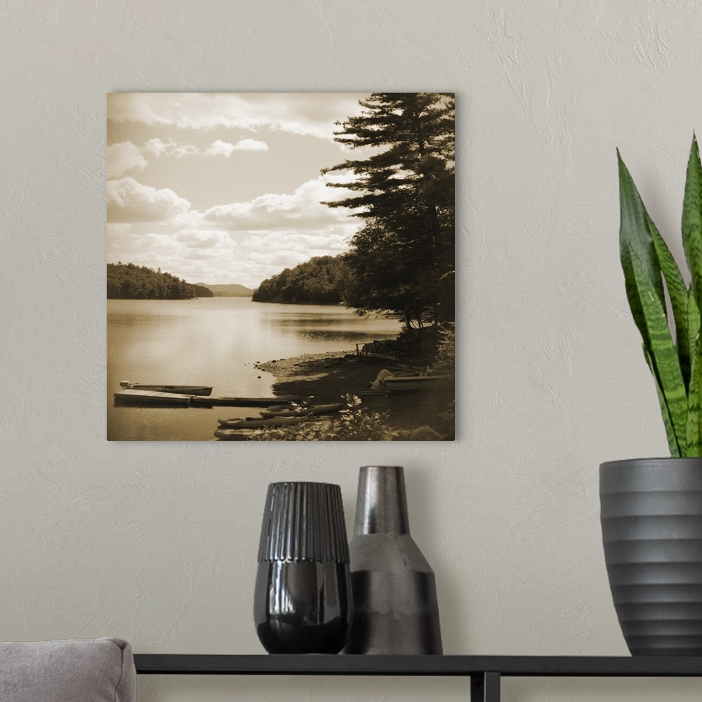 A modern room featuring Sepia toned photograph of an idyllic wilderness scene, with lake and forest.