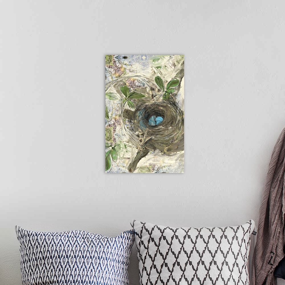 A bohemian room featuring Contemporary painting of a bird's nest with blue eggs in a tree on a blue, purple, and green deco...